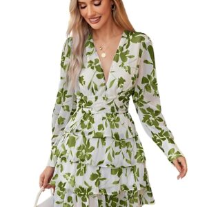 Leriya Fashion Women’s V-Neck Floral Print Ruffle Long Sleeve A-Line Mini Dress | Elegant Casual Party Outfit | Lightweight Layered Summer Wear